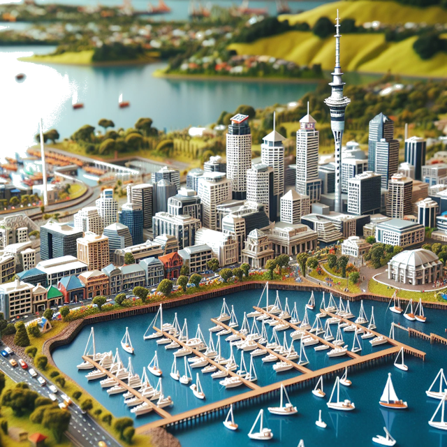 Create an image of intricate miniature model scene that encapsulates the vibrant essence and unique characteristics of City Auckland, in country New Zealand styled to echo the fascinating detail and whimsy of Miniatur World.
