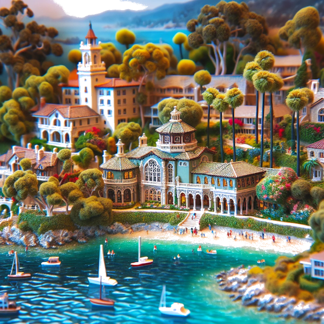 Create an image of intricate miniature model scene that encapsulates the vibrant essence and unique characteristics of City Laguna Beach, in country Californie styled to echo the fascinating detail and whimsy of Miniatur World.