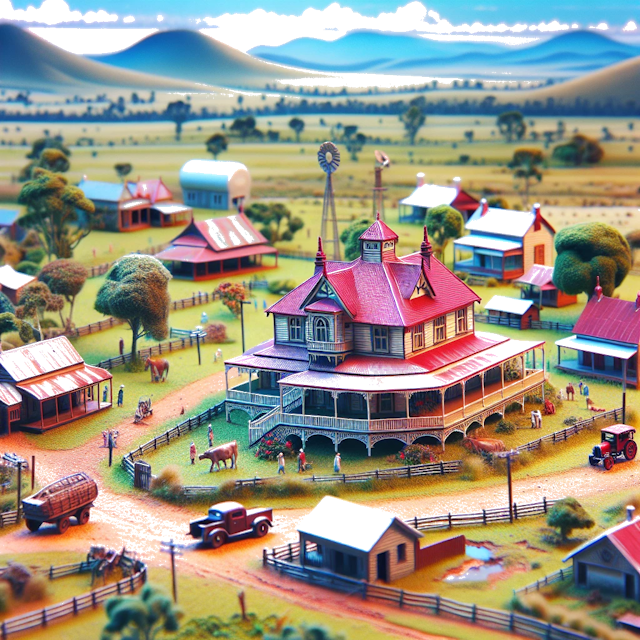 Create an image of intricate miniature model scene that encapsulates the vibrant essence and unique characteristics of Country Queensland, styled to echo the fascinating detail and whimsy of Miniatur World.