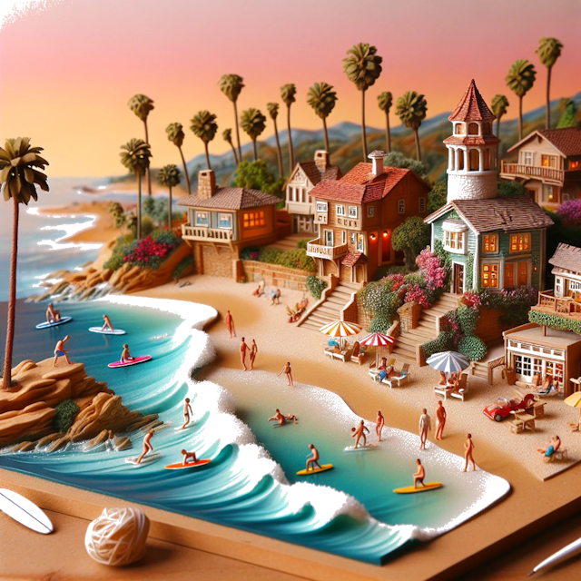 Create an image of intricate miniature model scene that encapsulates the vibrant essence and unique characteristics of City Laguna Beach, in country California styled to echo the fascinating detail and whimsy of Miniatur World.