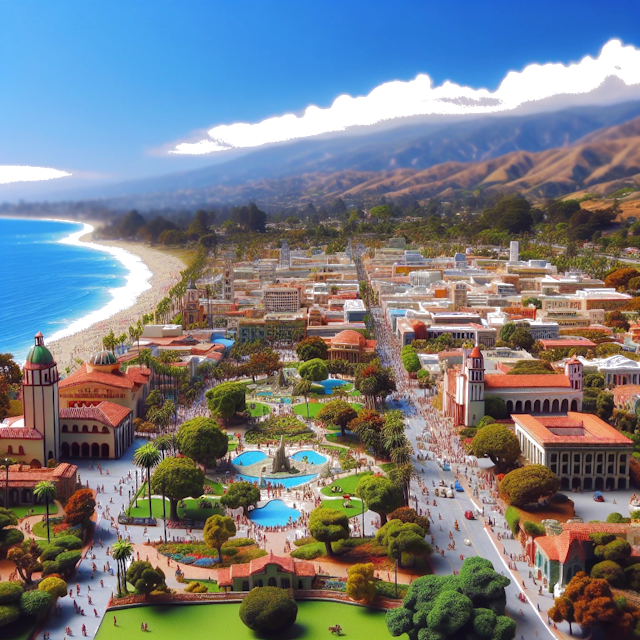 Create an image of intricate miniature model scene that encapsulates the vibrant essence and unique characteristics of City Santa Barbara, in country California styled to echo the fascinating detail and whimsy of Miniatur World.
