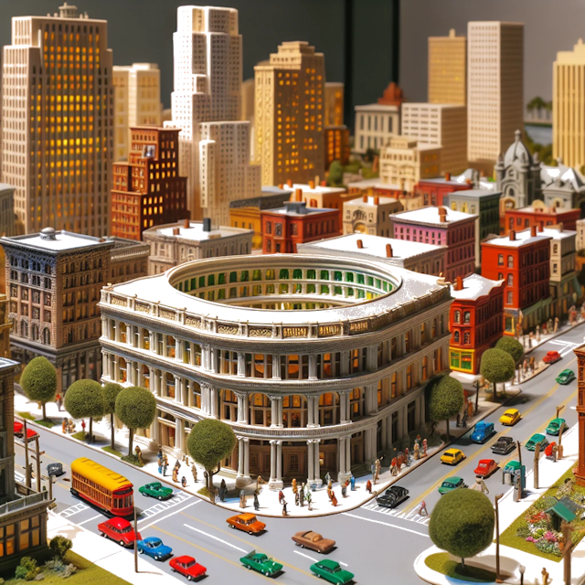 Create an image of intricate miniature model scene that encapsulates the vibrant essence and unique characteristics of City United States, in country Meridian styled to echo the fascinating detail and whimsy of Miniatur World.