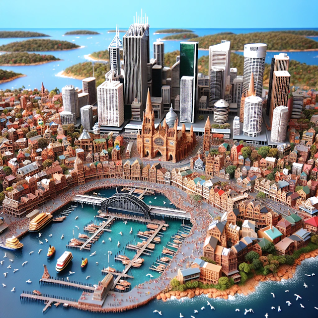Create an image of intricate miniature model scene that encapsulates the vibrant essence and unique characteristics of City Austrália, in country Sydney styled to echo the fascinating detail and whimsy of Miniatur World.