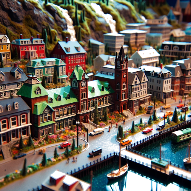Create an image of intricate miniature model scene that encapsulates the vibrant essence and unique characteristics of City Estados Unidos, Gander, in country Newfoundland styled to echo the fascinating detail and whimsy of Miniatur World.