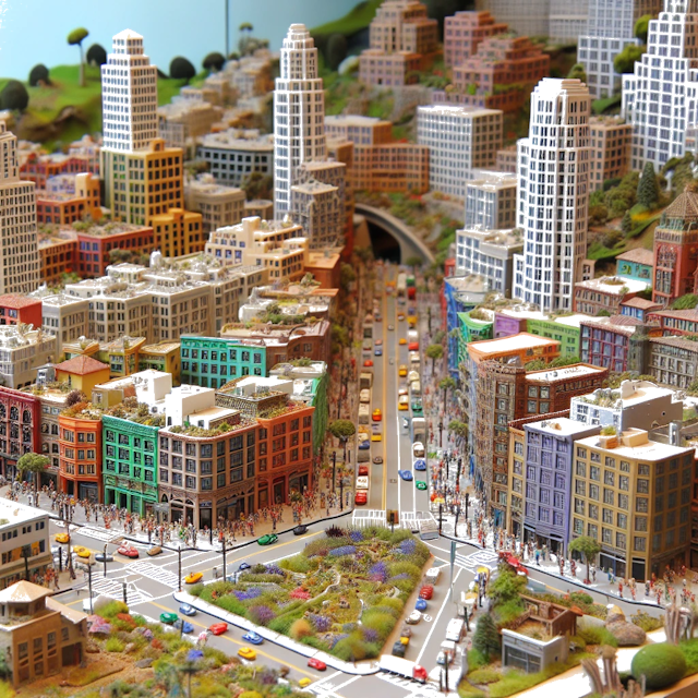 Create an image of intricate miniature model scene that encapsulates the vibrant essence and unique characteristics of City California, in country USA styled to echo the fascinating detail and whimsy of Miniatur World.