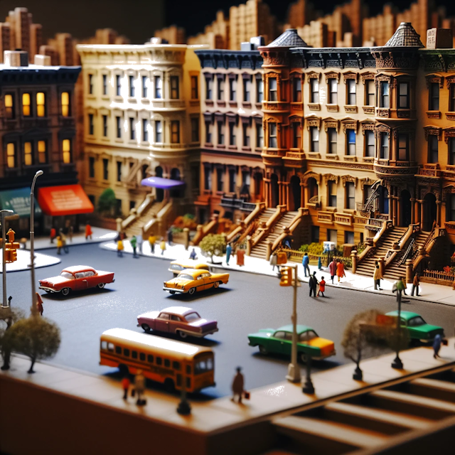 Create an image of intricate miniature model scene that encapsulates the vibrant essence and unique characteristics of City Harlem, New York, in country USA styled to echo the fascinating detail and whimsy of Miniatur World.