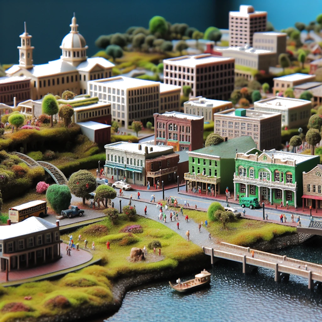 Create an image of intricate miniature model scene that encapsulates the vibrant essence and unique characteristics of City Conway, in country Carolina del Sur styled to echo the fascinating detail and whimsy of Miniatur World.