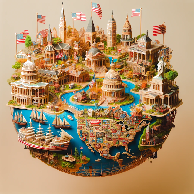 Create an image of intricate miniature model scene that encapsulates the vibrant essence and unique characteristics of Country Estados Unidos de América, styled to echo the fascinating detail and whimsy of Miniatur World.