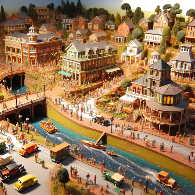 Create an image of intricate miniature model scene that encapsulates the vibrant essence and unique characteristics of City Greenville, in country Caroline du Sud styled to echo the fascinating detail and whimsy of Miniatur World.