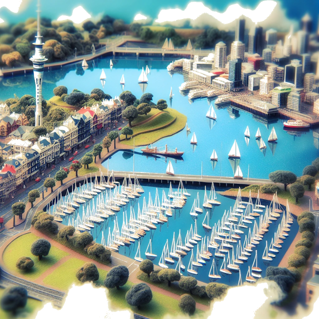 Create an image of intricate miniature model scene that encapsulates the vibrant essence and unique characteristics of City Auckland, in country Nuova Zelanda styled to echo the fascinating detail and whimsy of Miniatur World.