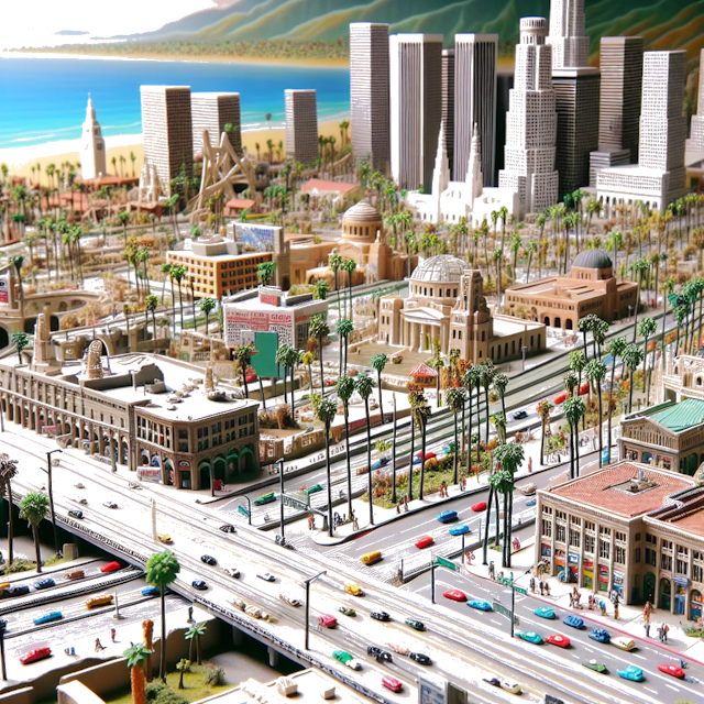 Create an image of intricate miniature model scene that encapsulates the vibrant essence and unique characteristics of City Los Angeles, in country Californië styled to echo the fascinating detail and whimsy of Miniatur World.