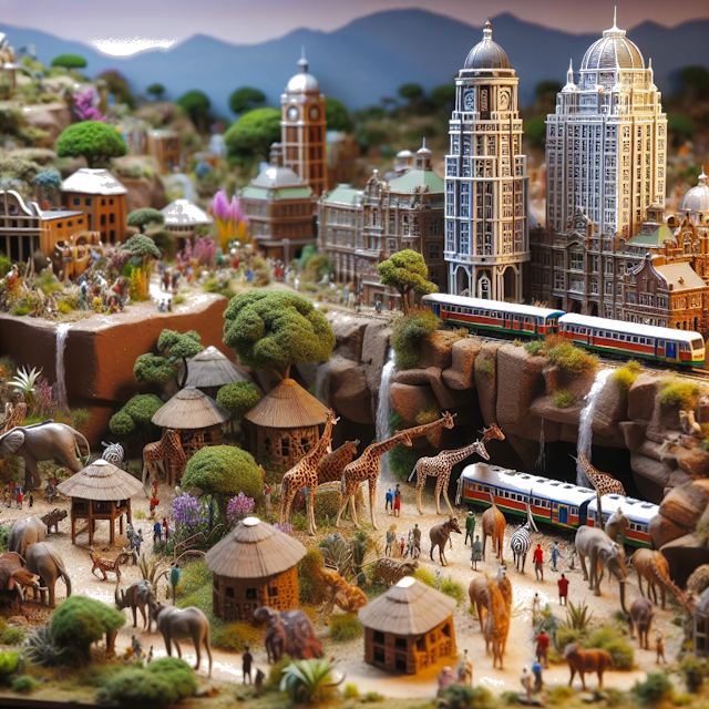 Create an image of intricate miniature model scene that encapsulates the vibrant essence and unique characteristics of Country Sudáfrica, styled to echo the fascinating detail and whimsy of Miniatur World.