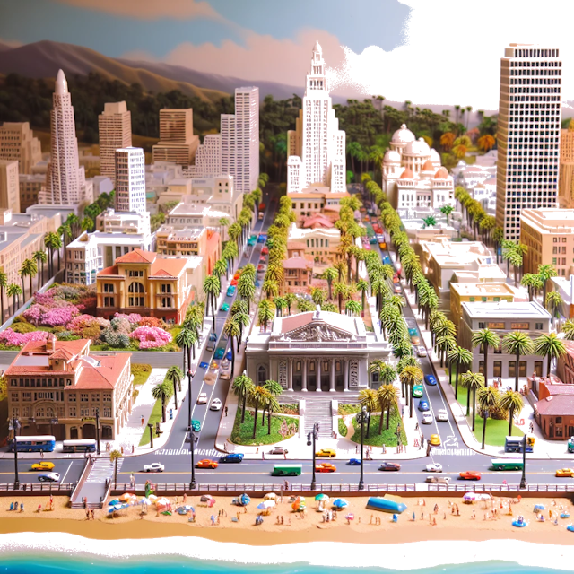 Create an image of intricate miniature model scene that encapsulates the vibrant essence and unique characteristics of City Californië, in country Verenigde Staten styled to echo the fascinating detail and whimsy of Miniatur World.