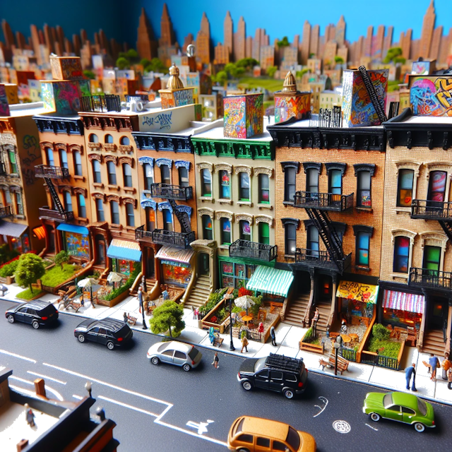Create an image of intricate miniature model scene that encapsulates the vibrant essence and unique characteristics of City Bedford-Stuyvesant, Brooklyn, in country Nueva York styled to echo the fascinating detail and whimsy of Miniatur World.