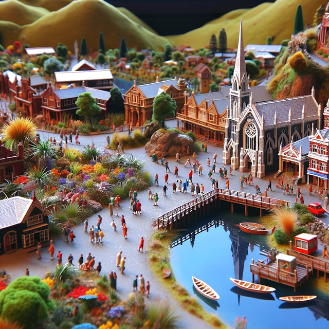 Create an image of intricate miniature model scene that encapsulates the vibrant essence and unique characteristics of Country Neuseeland, styled to echo the fascinating detail and whimsy of Miniatur World.
