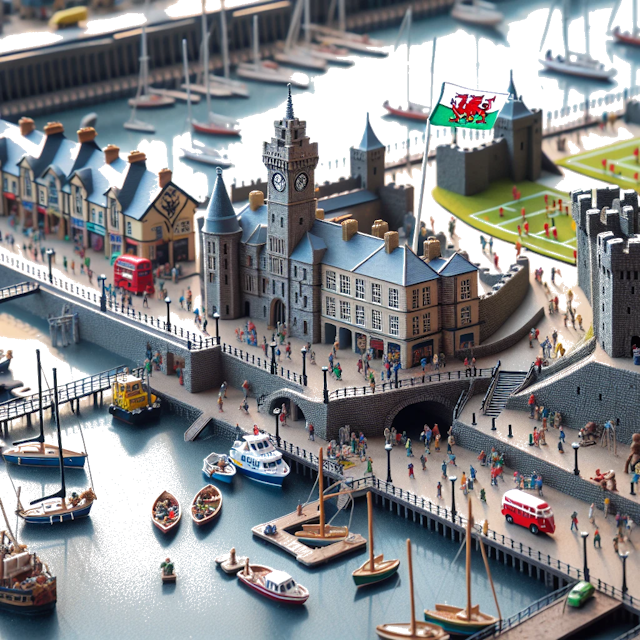 Create an image of intricate miniature model scene that encapsulates the vibrant essence and unique characteristics of City Cardiff, in country Galles styled to echo the fascinating detail and whimsy of Miniatur World.
