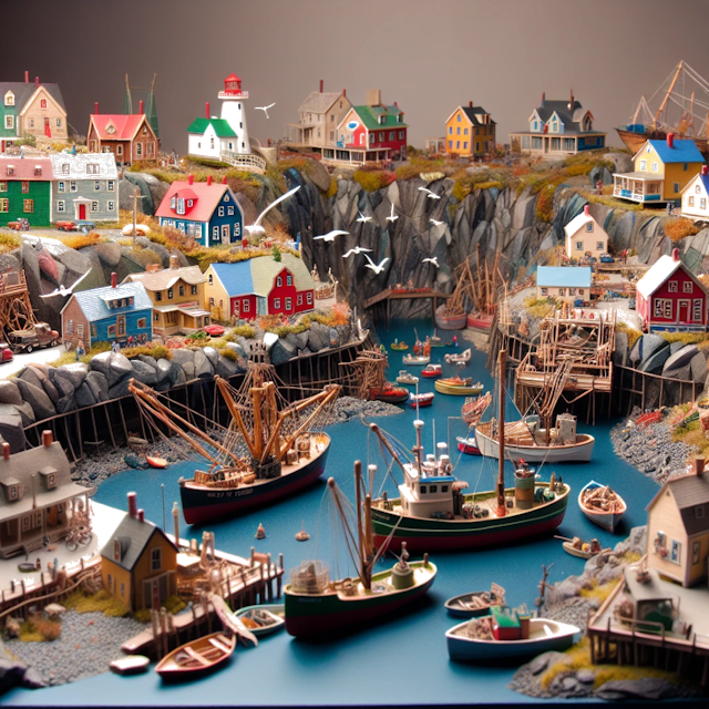 Create an image of intricate miniature model scene that encapsulates the vibrant essence and unique characteristics of Country Newfoundland, styled to echo the fascinating detail and whimsy of Miniatur World.