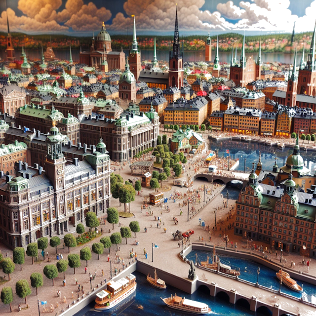 Create an image of intricate miniature model scene that encapsulates the vibrant essence and unique characteristics of City Estocolmo, in country Suecia styled to echo the fascinating detail and whimsy of Miniatur World.