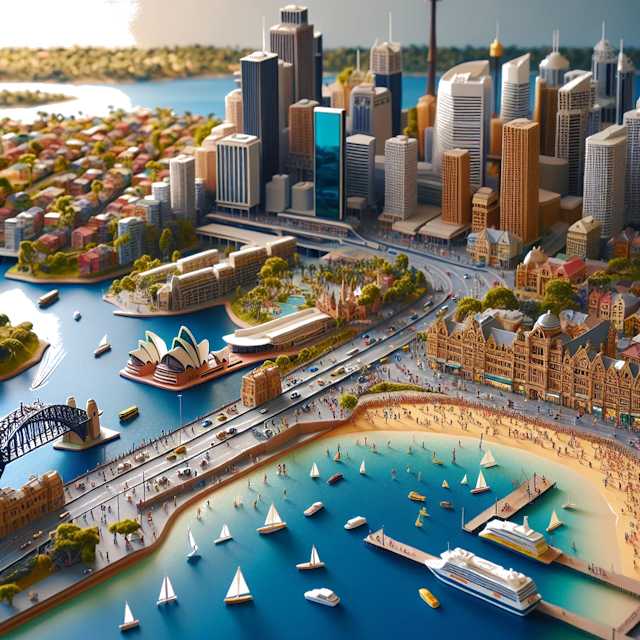 Create an image of intricate miniature model scene that encapsulates the vibrant essence and unique characteristics of City Australie, in country Sydney styled to echo the fascinating detail and whimsy of Miniatur World.
