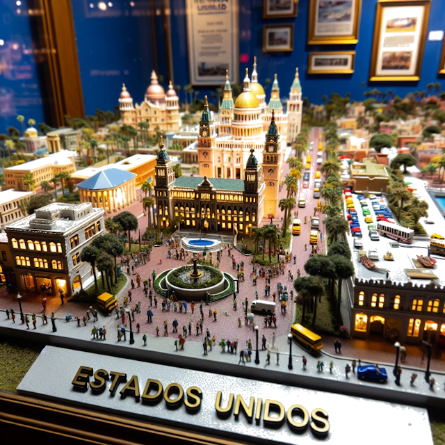 Create an image of intricate miniature model scene that encapsulates the vibrant essence and unique characteristics of City Estados Unidos, in country Tampa styled to echo the fascinating detail and whimsy of Miniatur World.