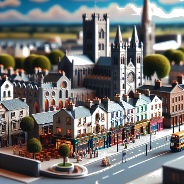 Create an image of intricate miniature model scene that encapsulates the vibrant essence and unique characteristics of City Limerick, in country Ierland styled to echo the fascinating detail and whimsy of Miniatur World.