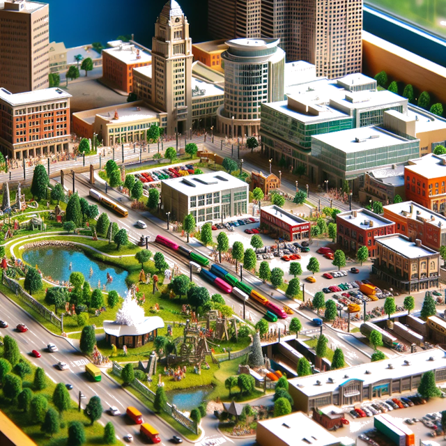 Create an image of intricate miniature model scene that encapsulates the vibrant essence and unique characteristics of City Columbus, in country Ohio styled to echo the fascinating detail and whimsy of Miniatur World.