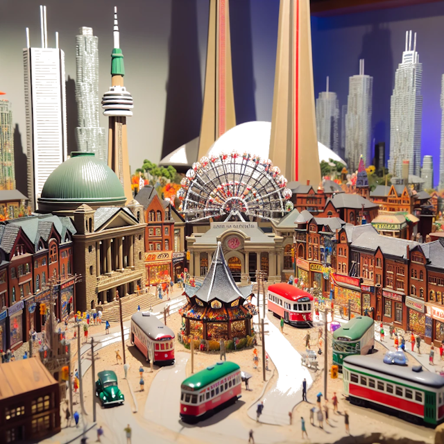 Create an image of intricate miniature model scene that encapsulates the vibrant essence and unique characteristics of City Canada, in country Toronto styled to echo the fascinating detail and whimsy of Miniatur World.