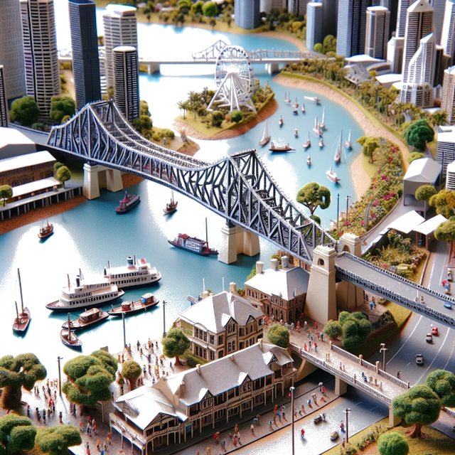 Create an image of intricate miniature model scene that encapsulates the vibrant essence and unique characteristics of City Brisbane, in country Australien styled to echo the fascinating detail and whimsy of Miniatur World.