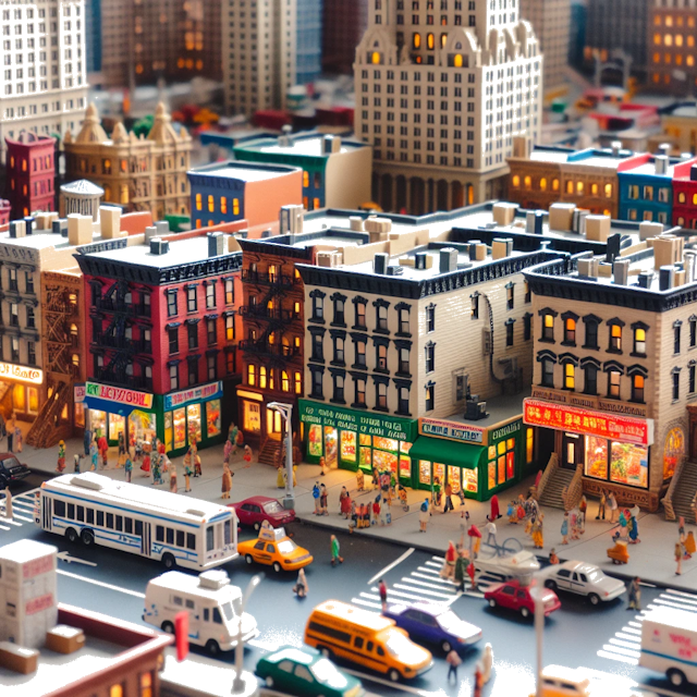 Create an image of intricate miniature model scene that encapsulates the vibrant essence and unique characteristics of City Brooklyn, in country Nova York styled to echo the fascinating detail and whimsy of Miniatur World.