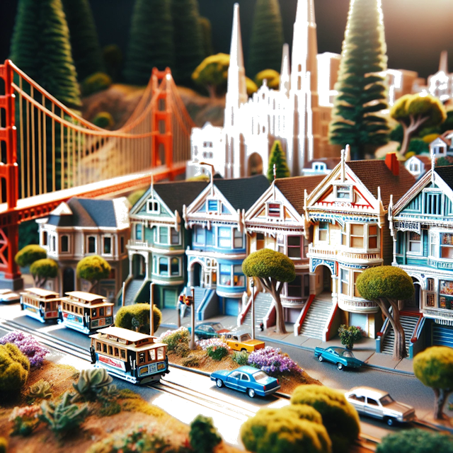 Create an image of intricate miniature model scene that encapsulates the vibrant essence and unique characteristics of Country San Francisco, styled to echo the fascinating detail and whimsy of Miniatur World.