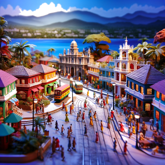 Create an image of intricate miniature model scene that encapsulates the vibrant essence and unique characteristics of City Kingston, in country Giamaica styled to echo the fascinating detail and whimsy of Miniatur World.