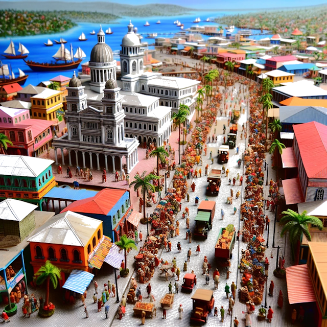 Create an image of intricate miniature model scene that encapsulates the vibrant essence and unique characteristics of City Kingston, in country Jamaïque styled to echo the fascinating detail and whimsy of Miniatur World.