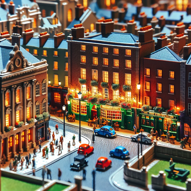 Create an image of intricate miniature model scene that encapsulates the vibrant essence and unique characteristics of City Dublin, in country Irlanda styled to echo the fascinating detail and whimsy of Miniatur World.