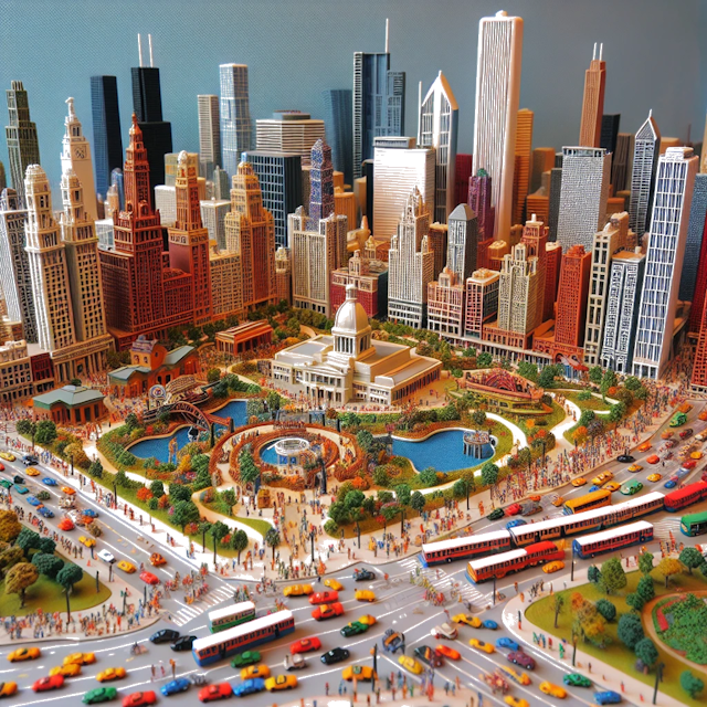 Create an image of intricate miniature model scene that encapsulates the vibrant essence and unique characteristics of City Chicago, in country Illinois styled to echo the fascinating detail and whimsy of Miniatur World.