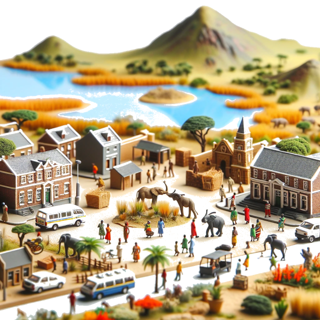 Create an image of intricate miniature model scene that encapsulates the vibrant essence and unique characteristics of Country Südafrika, styled to echo the fascinating detail and whimsy of Miniatur World.
