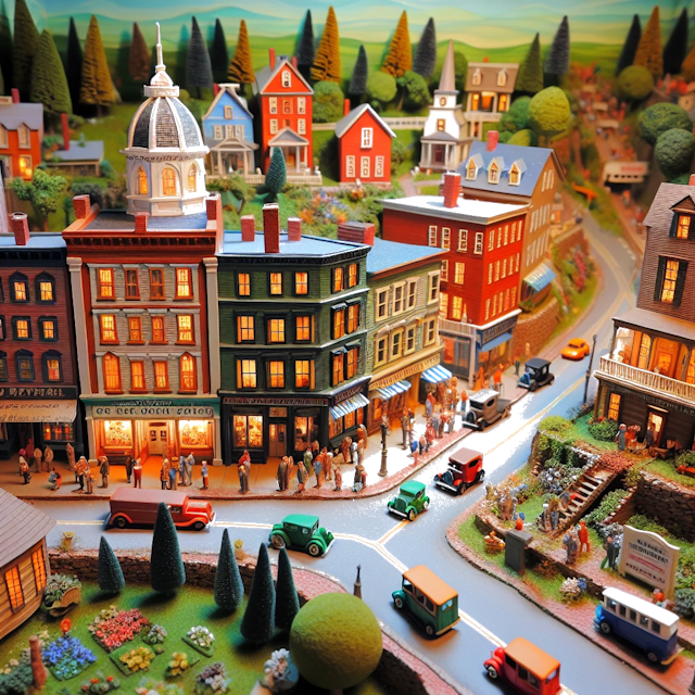 Create an image of intricate miniature model scene that encapsulates the vibrant essence and unique characteristics of City Hollis, in country New Hampshire styled to echo the fascinating detail and whimsy of Miniatur World.