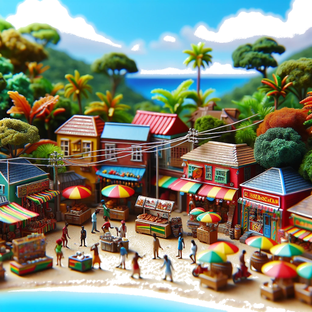 Create an image of intricate miniature model scene that encapsulates the vibrant essence and unique characteristics of Country Jamaika, styled to echo the fascinating detail and whimsy of Miniatur World.