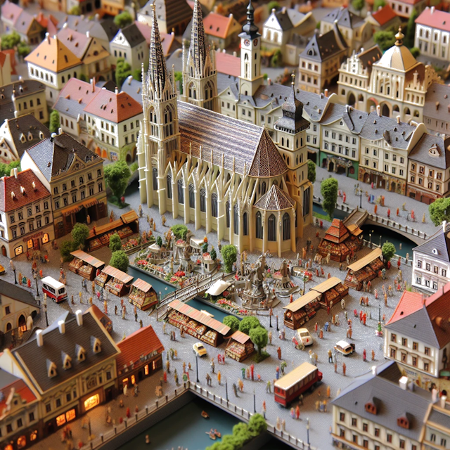 Create an image of intricate miniature model scene that encapsulates the vibrant essence and unique characteristics of City Košice, in country Slowakije styled to echo the fascinating detail and whimsy of Miniatur World.