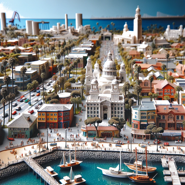 Create an image of intricate miniature model scene that encapsulates the vibrant essence and unique characteristics of City Long Beach, in country California styled to echo the fascinating detail and whimsy of Miniatur World.