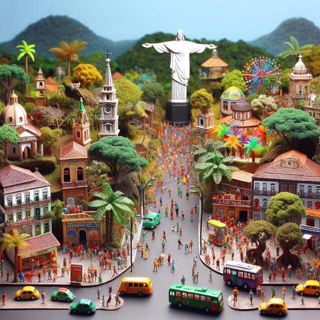 Create an image of intricate miniature model scene that encapsulates the vibrant essence and unique characteristics of Country Brasilien, styled to echo the fascinating detail and whimsy of Miniatur World.