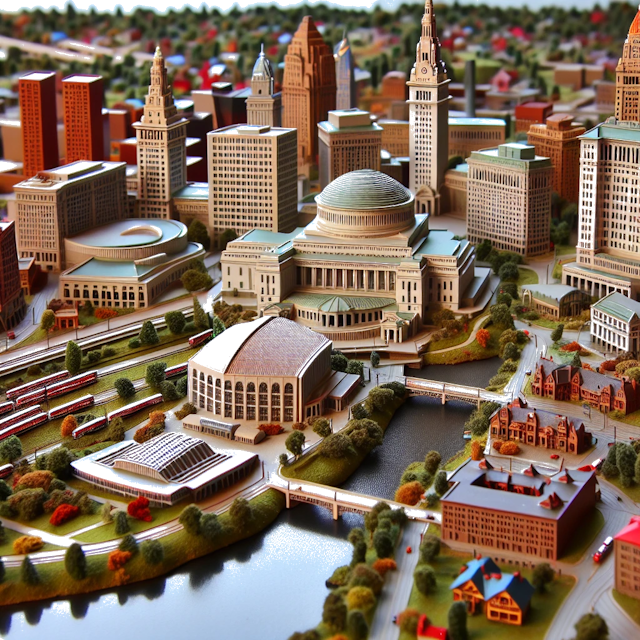 Create an image of intricate miniature model scene that encapsulates the vibrant essence and unique characteristics of City Cleveland, Ohio, in country USA styled to echo the fascinating detail and whimsy of Miniatur World.