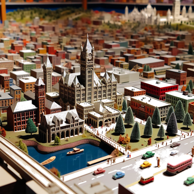 Create an image of intricate miniature model scene that encapsulates the vibrant essence and unique characteristics of City Brunswick, Ohio, in country USA styled to echo the fascinating detail and whimsy of Miniatur World.