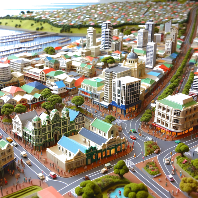 Create an image of intricate miniature model scene that encapsulates the vibrant essence and unique characteristics of City Manurewa, in country Nuova Zelanda styled to echo the fascinating detail and whimsy of Miniatur World.