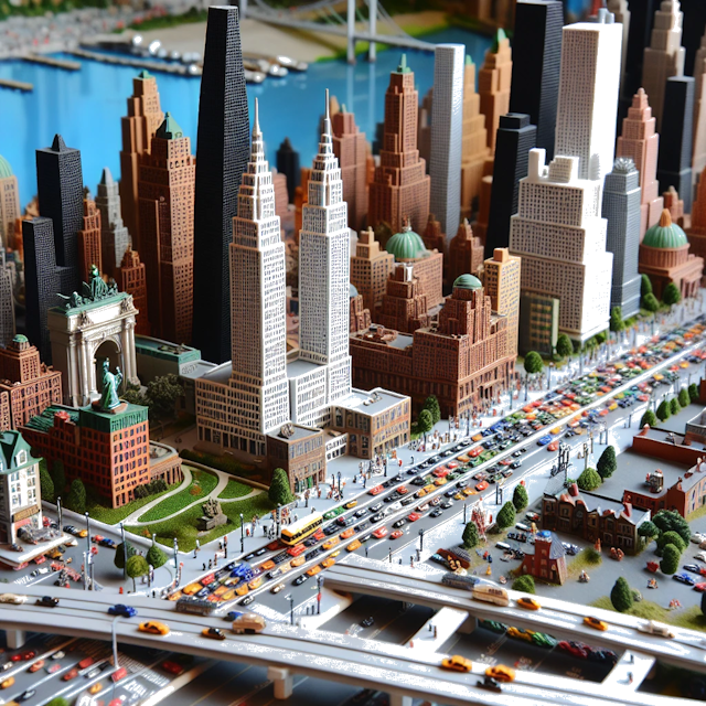 Create an image of intricate miniature model scene that encapsulates the vibrant essence and unique characteristics of City Long Island, in country New York styled to echo the fascinating detail and whimsy of Miniatur World.