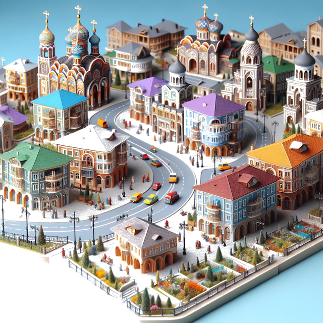 Create an image of intricate miniature model scene that encapsulates the vibrant essence and unique characteristics of City Dagestanskiye Ogni, in country Russia styled to echo the fascinating detail and whimsy of Miniatur World.