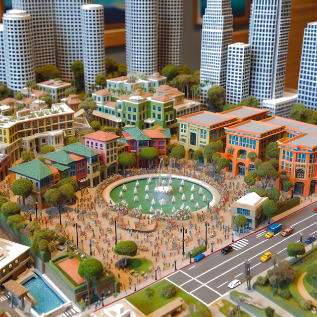 Create an image of intricate miniature model scene that encapsulates the vibrant essence and unique characteristics of City Costa Mesa, in country Califórnia styled to echo the fascinating detail and whimsy of Miniatur World.