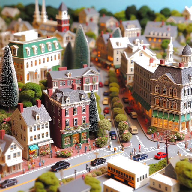 Create an image of intricate miniature model scene that encapsulates the vibrant essence and unique characteristics of City Massachusetts, in country Verenigde Staten styled to echo the fascinating detail and whimsy of Miniatur World.