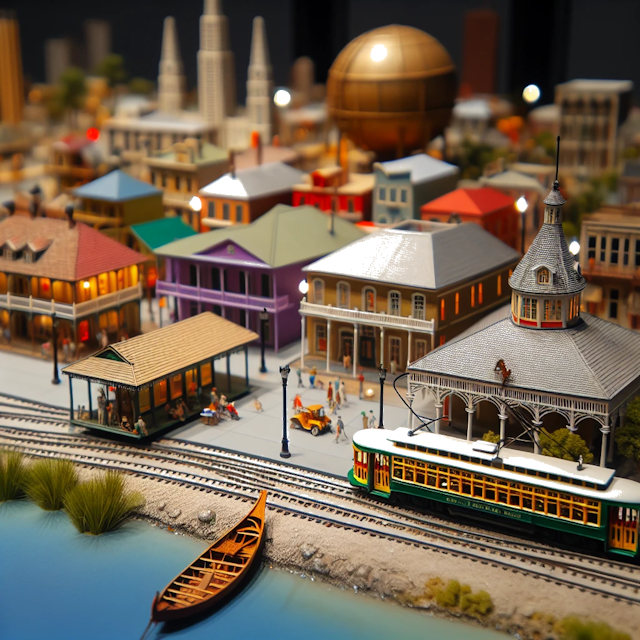 Create an image of intricate miniature model scene that encapsulates the vibrant essence and unique characteristics of City Louisiana, in country Verenigde Staten van Amerika styled to echo the fascinating detail and whimsy of Miniatur World.