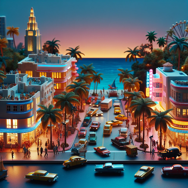 Create an image of intricate miniature model scene that encapsulates the vibrant essence and unique characteristics of City Miami, Florida, in country VS styled to echo the fascinating detail and whimsy of Miniatur World.