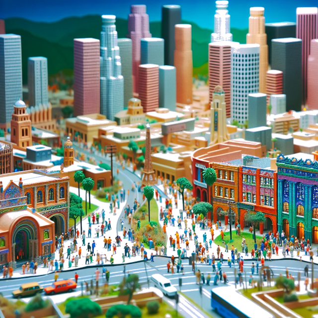 Create an image of intricate miniature model scene that encapsulates the vibrant essence and unique characteristics of City Los Angeles, in country Californie styled to echo the fascinating detail and whimsy of Miniatur World.